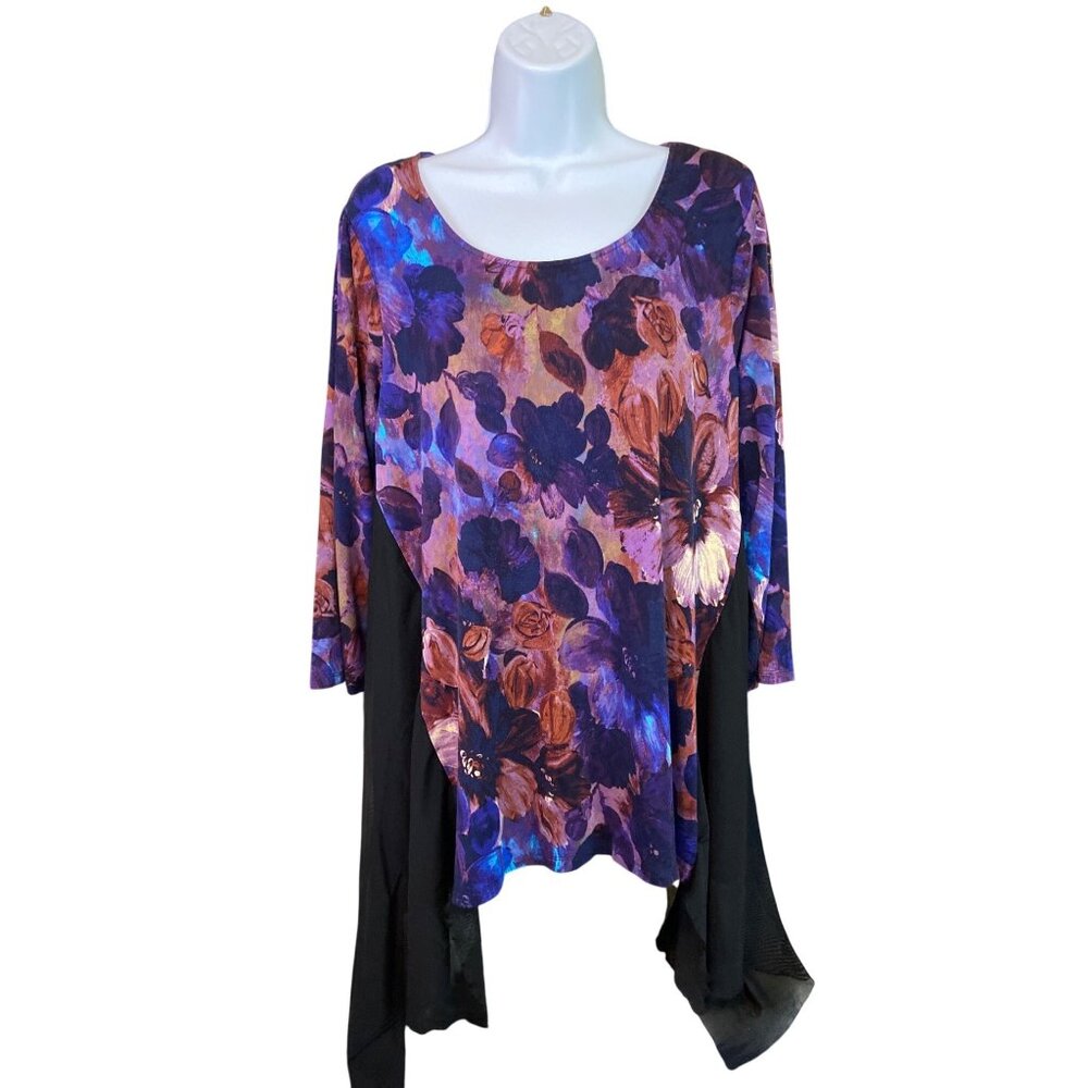 Cupio Womens Tunic Top XL Floral Print Asymmetrical Hem Artsy  Boho Lagenlook